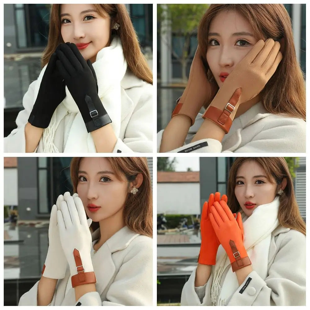 Fashion Thickened Women Suede Velvet Gloves Full Finger Plush Touch Screen Gloves Windproof Keep Warm Winter Mittens Outdooor