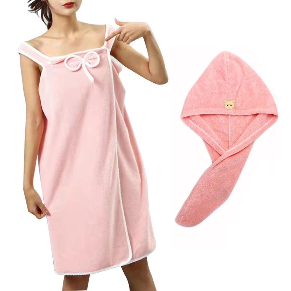 Bath Towel And Turban Hair Towel For Women With Lovely One Pocket Wearable Microfiber Towels 2 Pcs/Set Bathroom Accessories