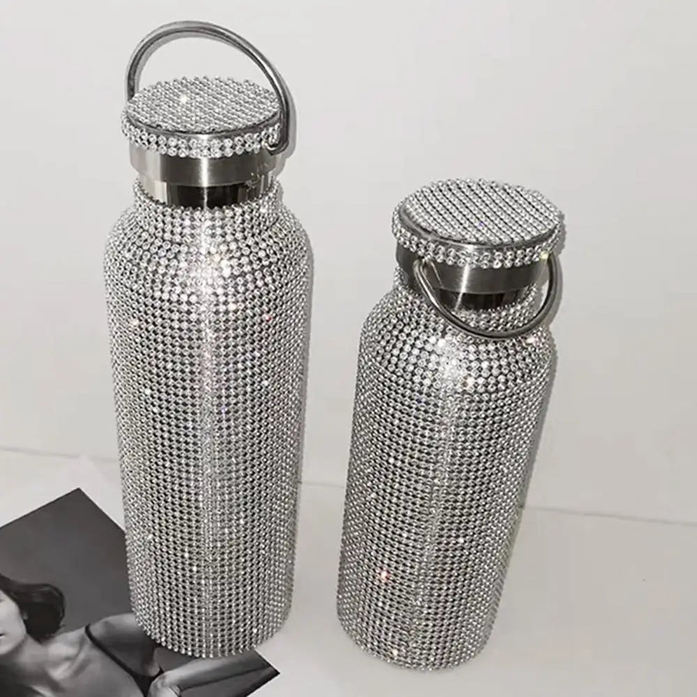 350ml/500ml/750ml Stainless Steel Insulated Vacuum Cup Rhinestone Decor Flask Bottle Drinking Kettle Thermal Mug Outdooor Travel