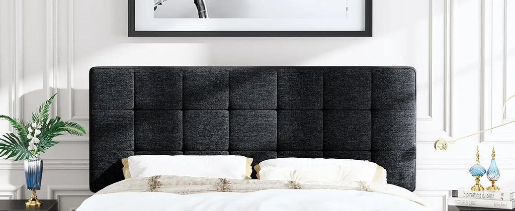 Queen Size Panel Bed Frame with Adjustable Headboard for High Profile/Fabric Upholstered/Square Stitched Padded