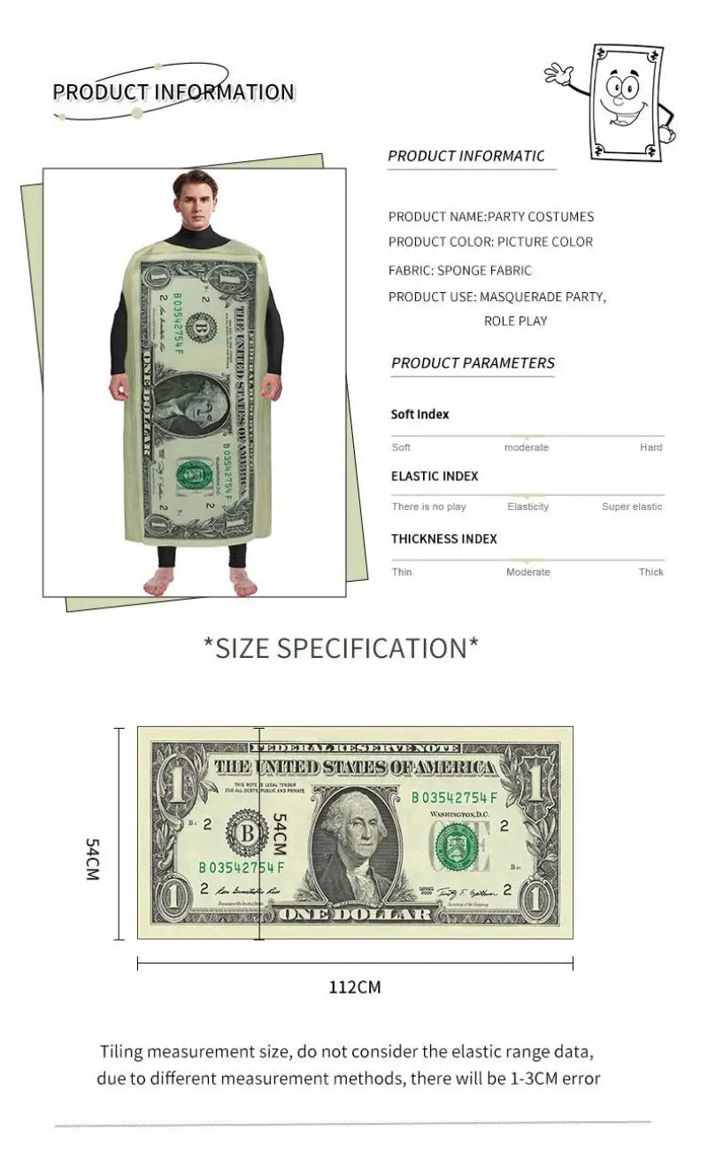 Adult 1 Dollar Bill Costume Carnival Party Jumpsuit Funny Sponge Print Outfit Money Fancy Dress Cosplay Clothes Novelty Gifts