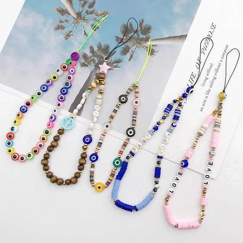 Bohemian Butterfly Soft Pottery Phone Chain Lanyard DIY Letters LOVE Pearl Beaded Phone Case Rope Charm Jewelry Accessories 2023