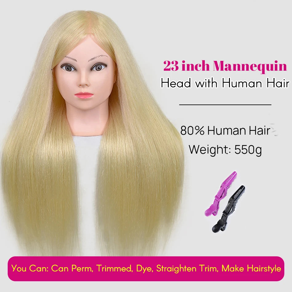 New Female Mannequin Training Doll Head With 80% Real Hair For Hairsyles Hairdressing Cosmetology Dolls Head With Stand Tripod