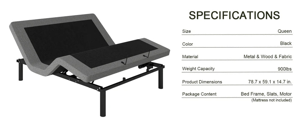 Queen Size Adjustable Bed Base, Wireless Remote Control, Whisper Quiet Durable Motor, Independent Head and Foot Inclin