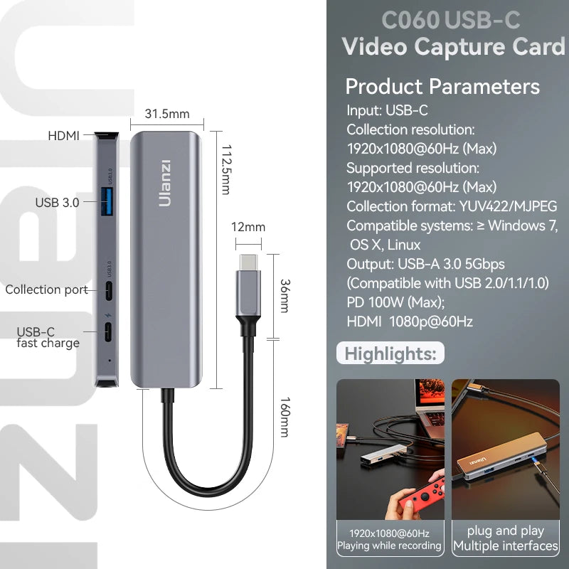 Ulanzi Video Capture Card USB 3.0 HDMI USB-C 1080P For OBS Capturing Game Card Live Streaming 60fps HD Video Recorder Grabber