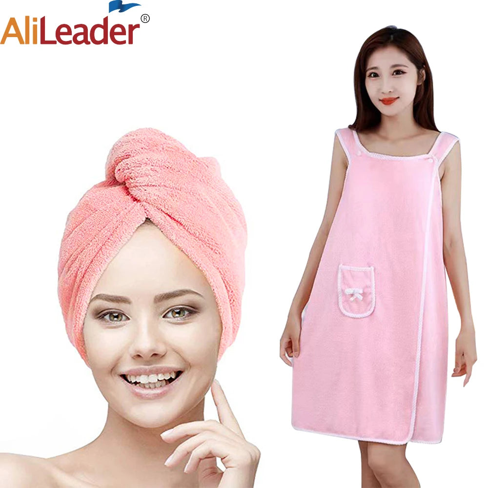 Bath Towel And Turban Hair Towel For Women With Lovely One Pocket Wearable Microfiber Towels 2 Pcs/Set Bathroom Accessories