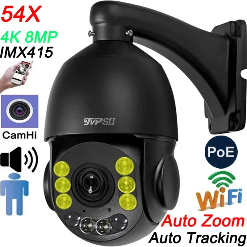Max.256G Full Color Auto Tracking CamHi H.265+ 8MP 4K IMX415 54X Optical Zoom Audio Alarm WIFI POE PTZ 2 in 1 IP Security Camera