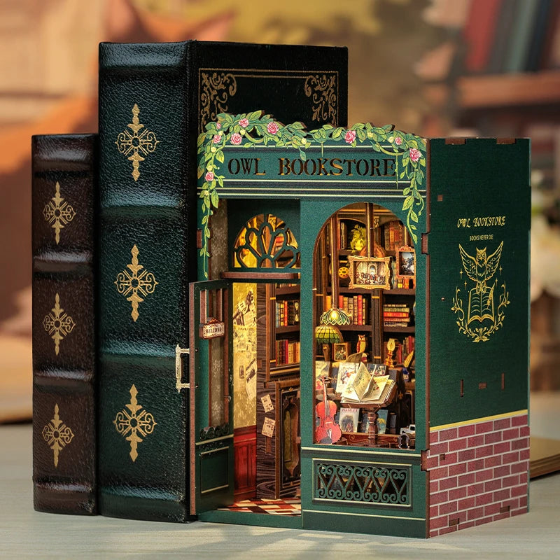 CUTEBEE Bookstore Book Nook with Light DIY Miniature Wooden Dollhouse for Decor Gift Bookshelf Insert Kit 3D Puzzle
