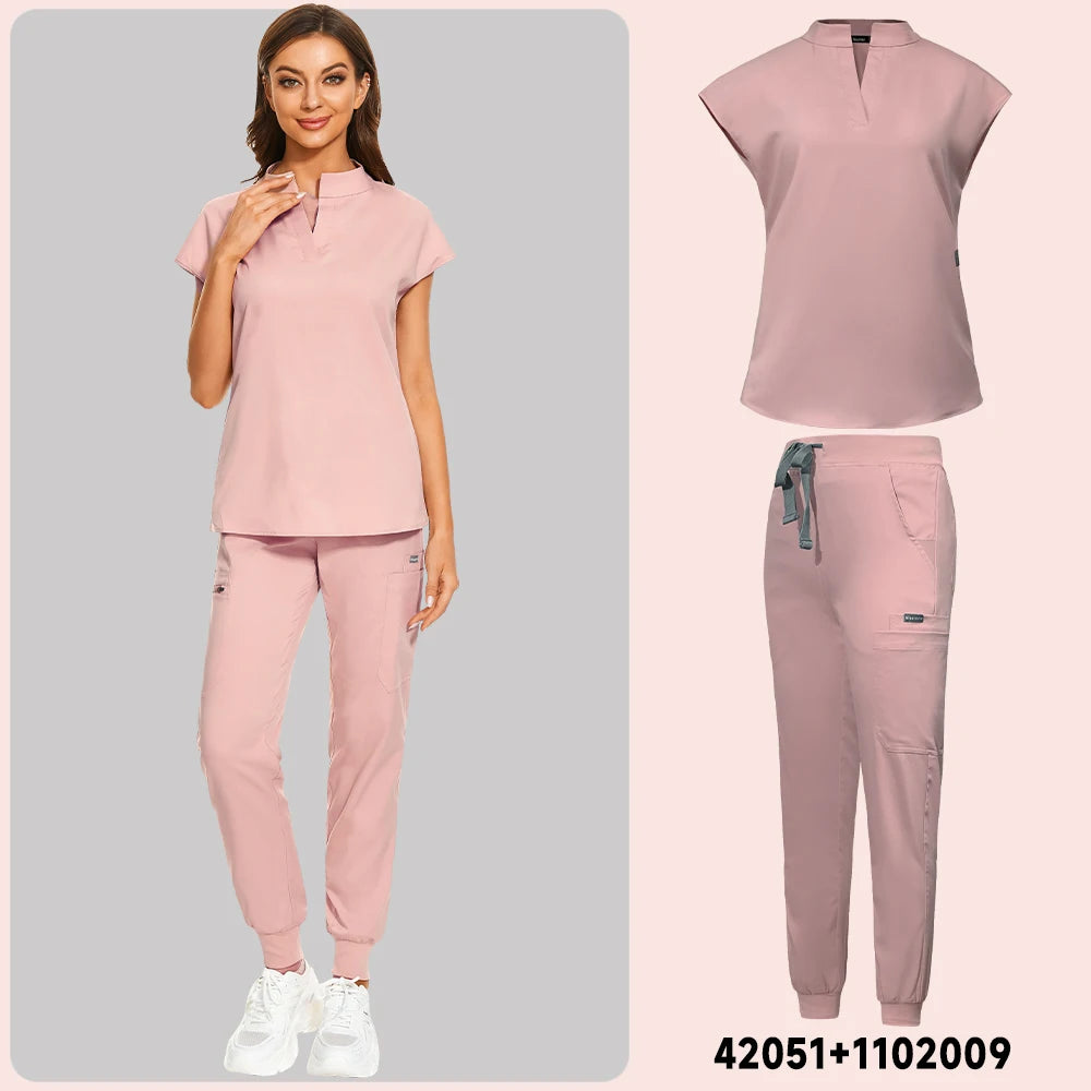Plus Size Scrubs Set Women Medical Nurse Uniforms Stand Neck V-cut Scrub Top Jogger Pants Vet Doctor Healthcare Workers Workwear