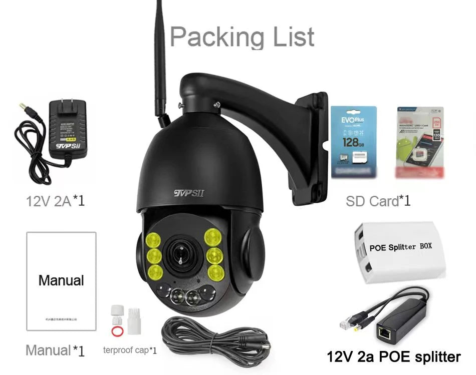 Max.256G Full Color Auto Tracking CamHi H.265+ 8MP 4K IMX415 54X Optical Zoom Audio Alarm WIFI POE PTZ 2 in 1 IP Security Camera