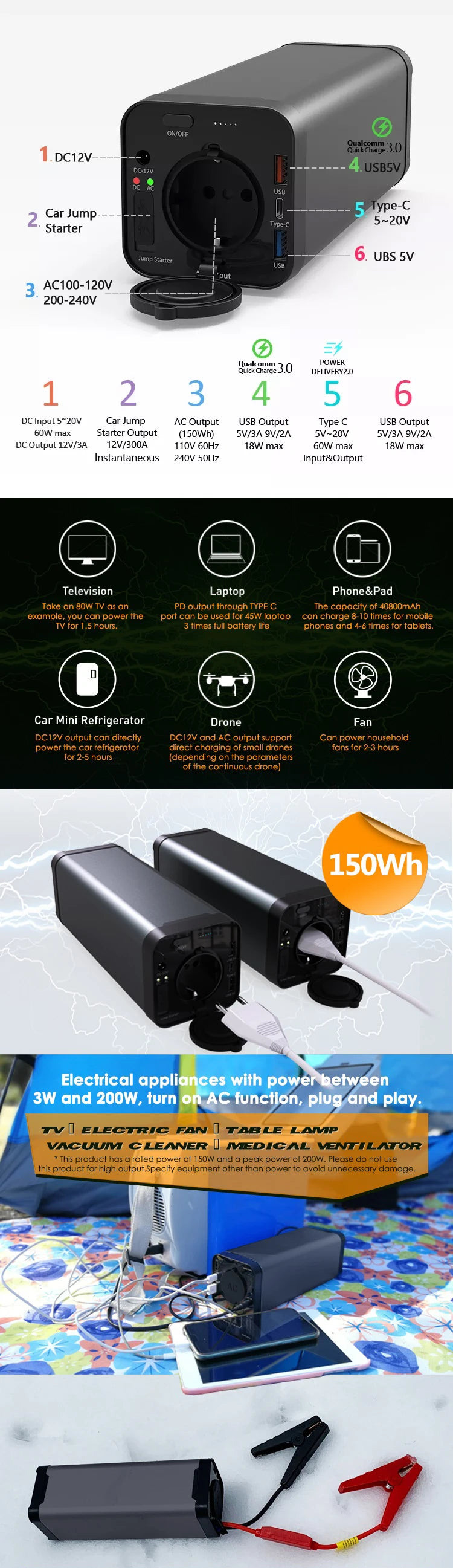 Portable Outdoor Mini UPS 40800mah Power Supply AC110V 220V Output PD Power Bank for Laptop Portable Power Station