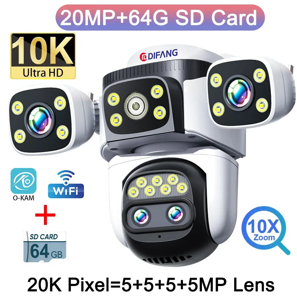 Outdoor Optical 10X Zoom 20MP WiFi Camera 10K Four Lens Four Screens PTZ Human Two Way Audio Auto Tracking Security Camera CCTV