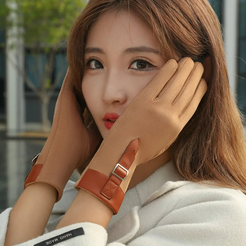 Fashion Thickened Women Suede Velvet Gloves Full Finger Plush Touch Screen Gloves Windproof Keep Warm Winter Mittens Outdooor