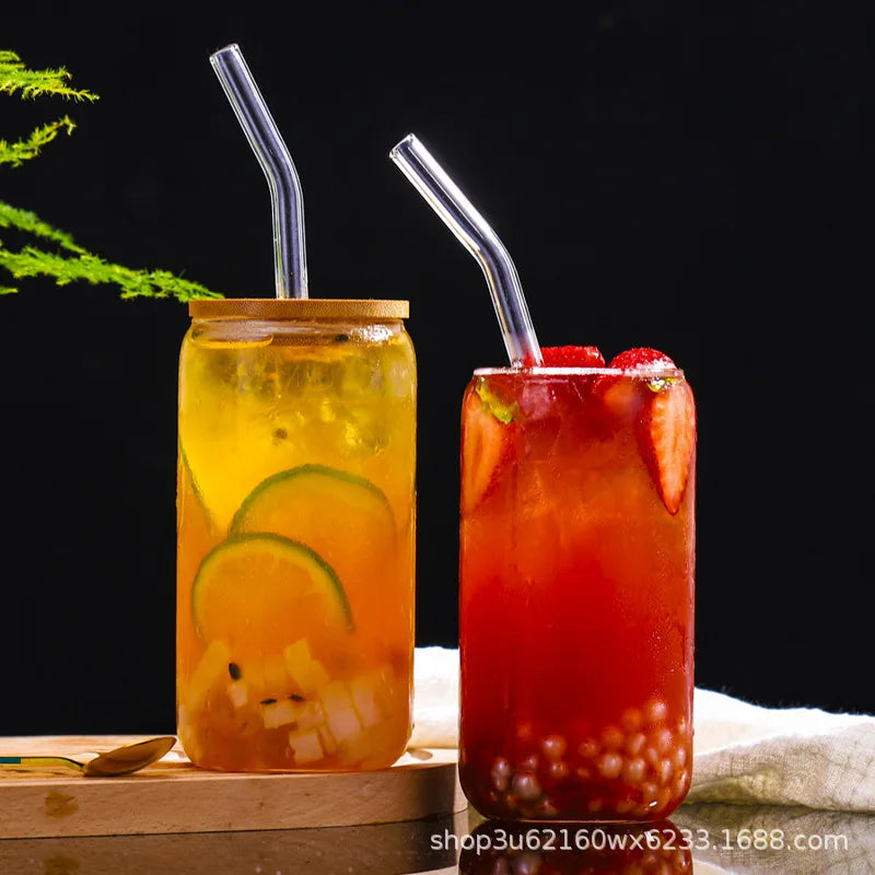 Cola Can with Bamboo Lid, Glass Beverage Juice Cup with Straw