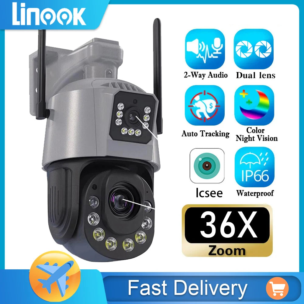 Linook 36x optical zoom, ICSEE 8MP, dual lens wireless WIFICCCTV outdoor waterproof, 360 monitoring camera pan tilt ip camera