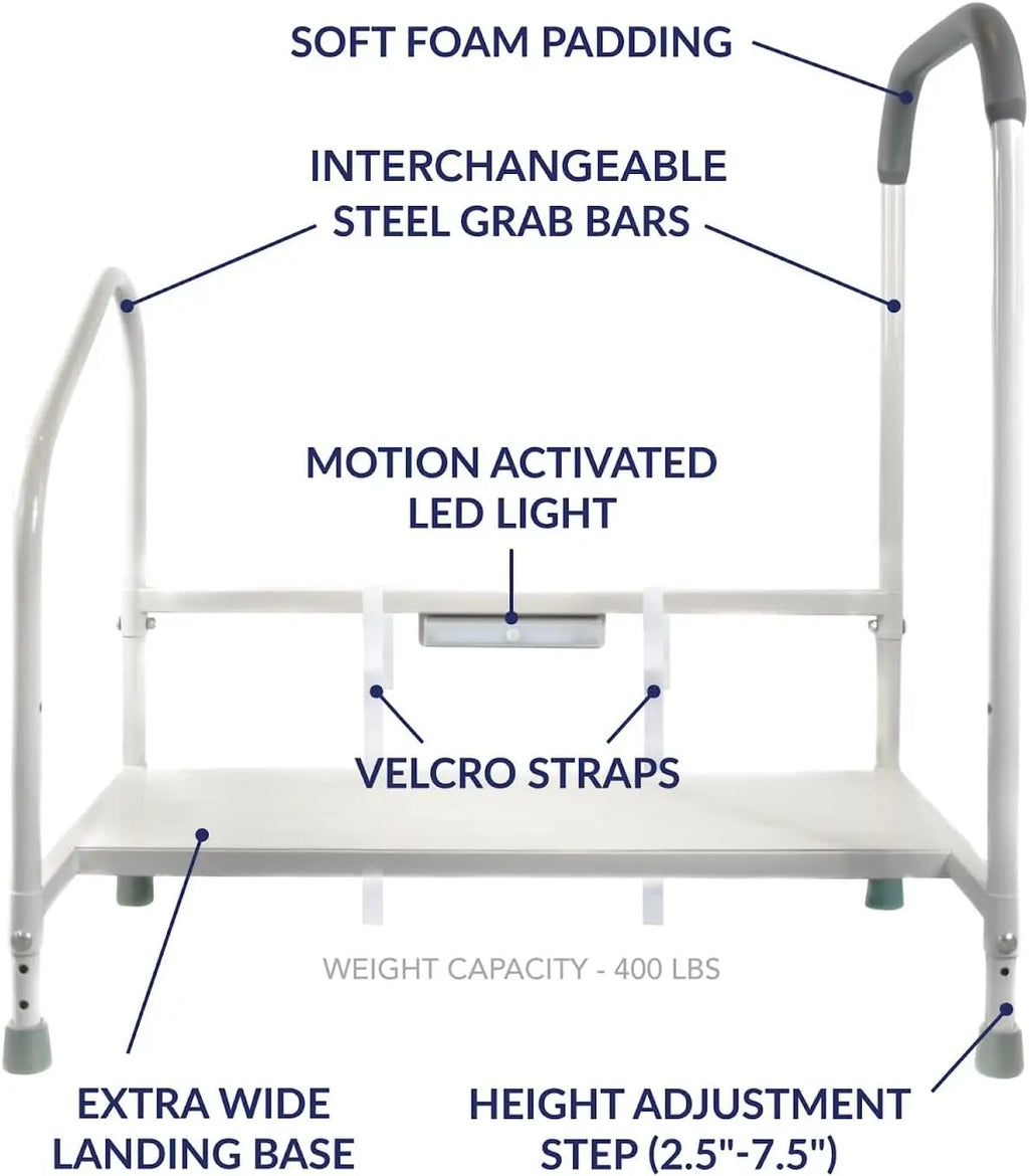 Deluxe Bed Rails for Elderly Adults - Adjustable Height Bed Safety Rail for Seniors with Cane Holder, LED Light, Mesh