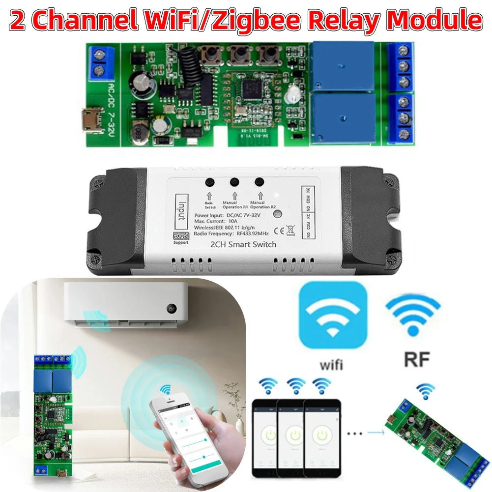 WiFi/Zigbee Relay Module Remote Control AC/DC 7-32V Phone APP Remote Control RF 433Mhz DIY Smart Home Automation for Door Access