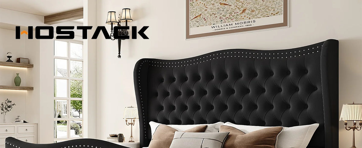 Queen Bed Frame, 55" Headboard Upholstered Bed with Tall Footbaord, Velvet Handmade Pleats Deep Button Tufted Wingback P