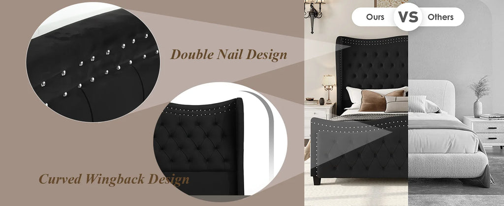 Queen Bed Frame, 55" Headboard Upholstered Bed with Tall Footbaord, Velvet Handmade Pleats Deep Button Tufted Wingback P