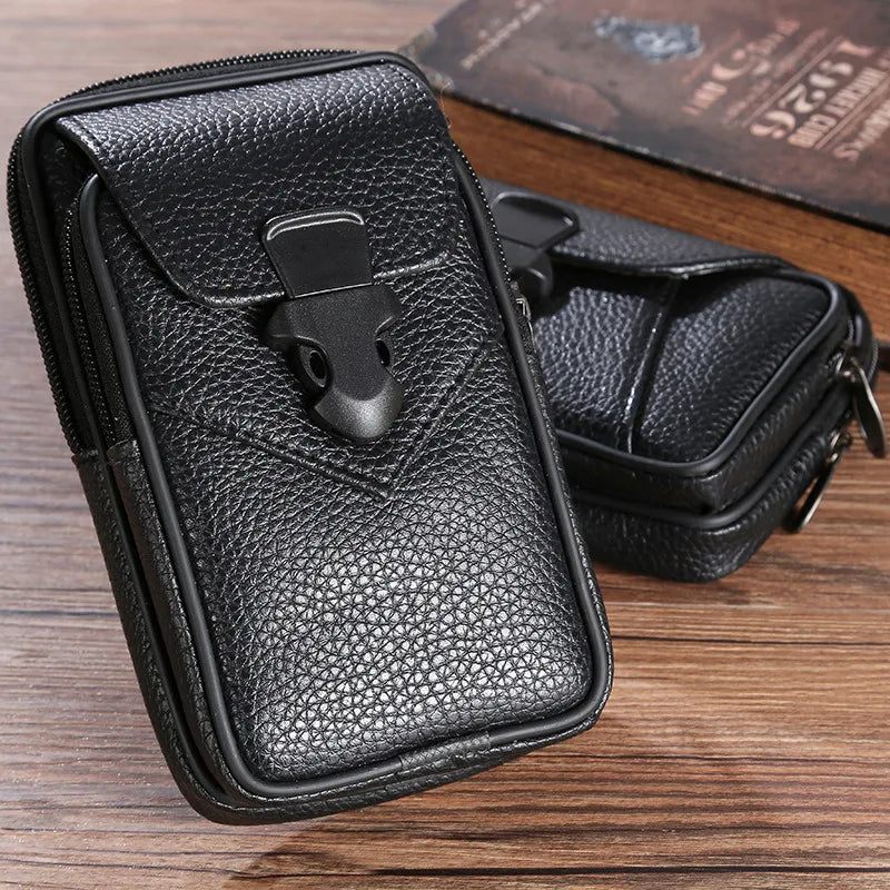 Multifunctional Leather Belt Bag Solid Color Men Business Style Belt Bag Horizontal And Vertical Section Wallet Case Purse