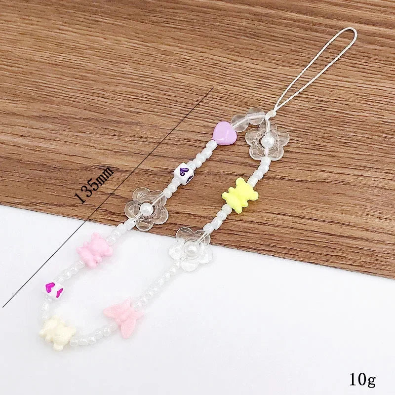 2024 Acrylic Flower Cat Head Beads Charm Phone Chain Lanyard Jewelry for Women Phone Case Strap Butterfly LOVE Letter Accessory