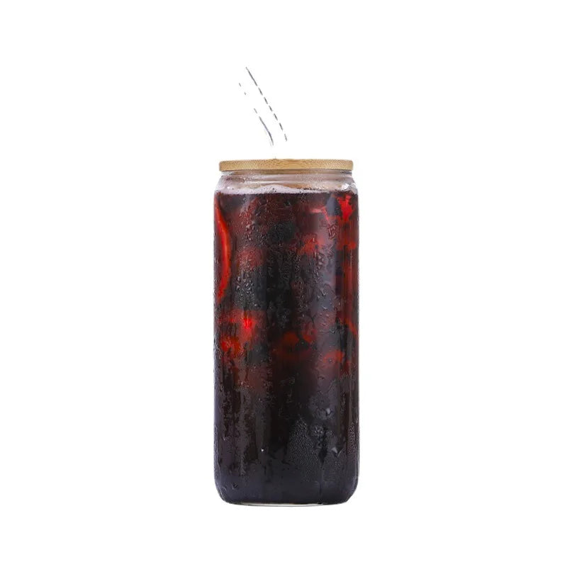 Cola Can with Bamboo Lid, Glass Beverage Juice Cup with Straw