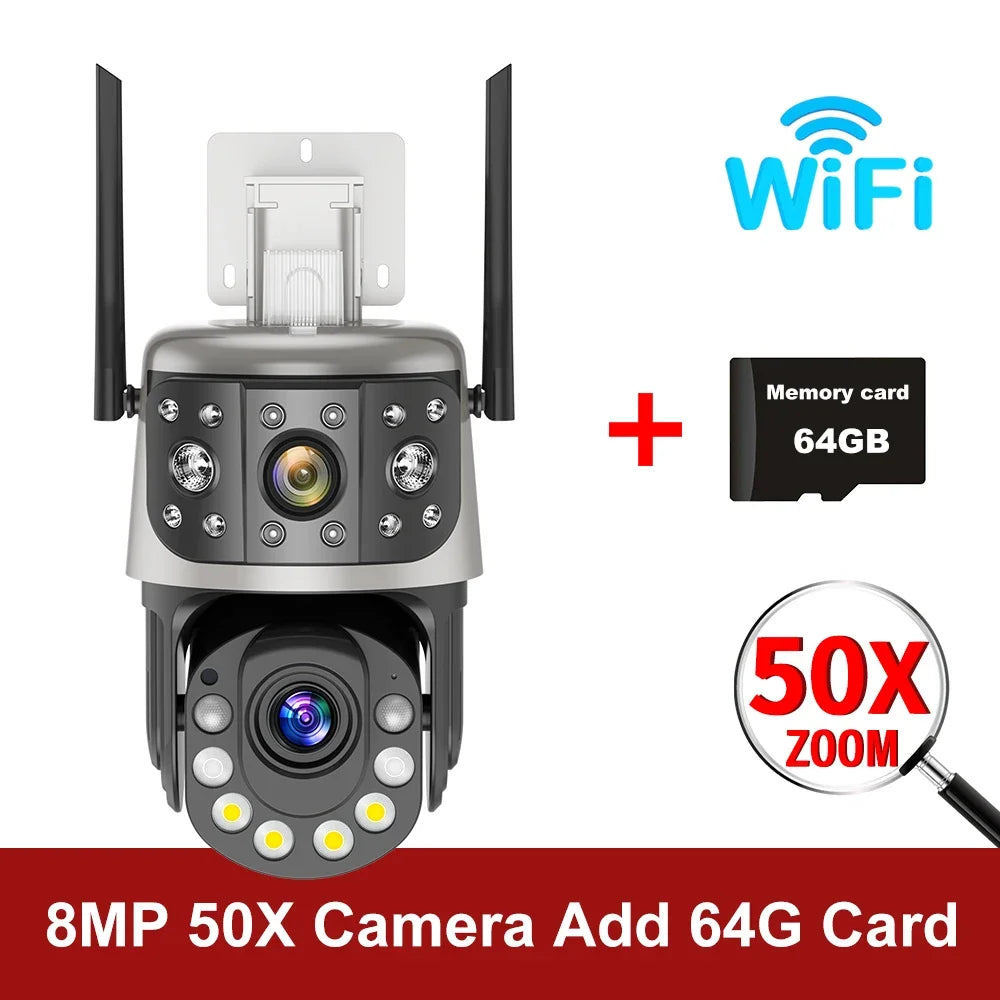 8MP Outdoor Wifi 50X Optical Zoom PTZ Camera Dual Screen Auto Tracking IP Video Surveillance Camera CCTV Two Way Audio ICSEE