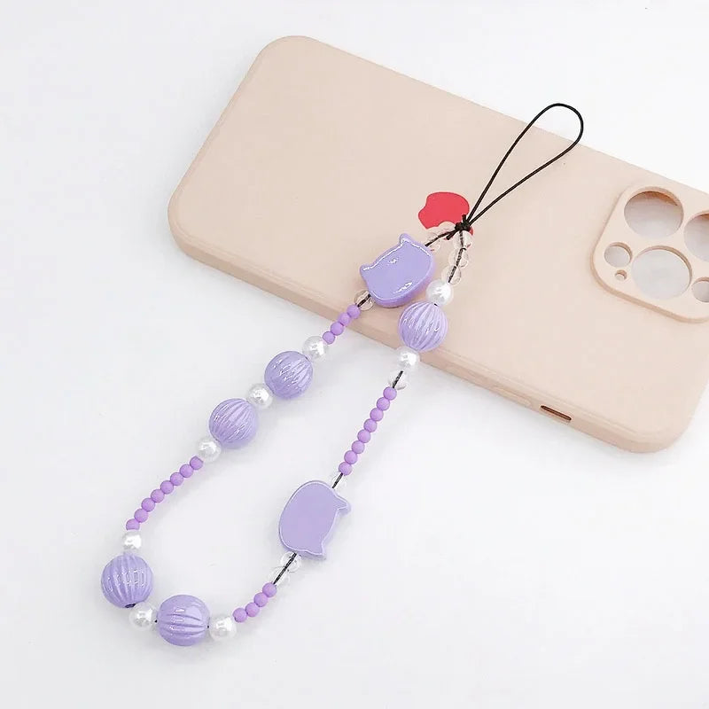 2024 Acrylic Flower Cat Head Beads Charm Phone Chain Lanyard Jewelry for Women Phone Case Strap Butterfly LOVE Letter Accessory