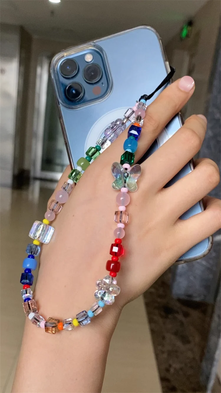 HERLOOK Butterfly Phone Charm Strap Crystal Cube Beaded Flower Phone Chain Y2K Accessories Mix-Color Resin Cellphone Lanyard