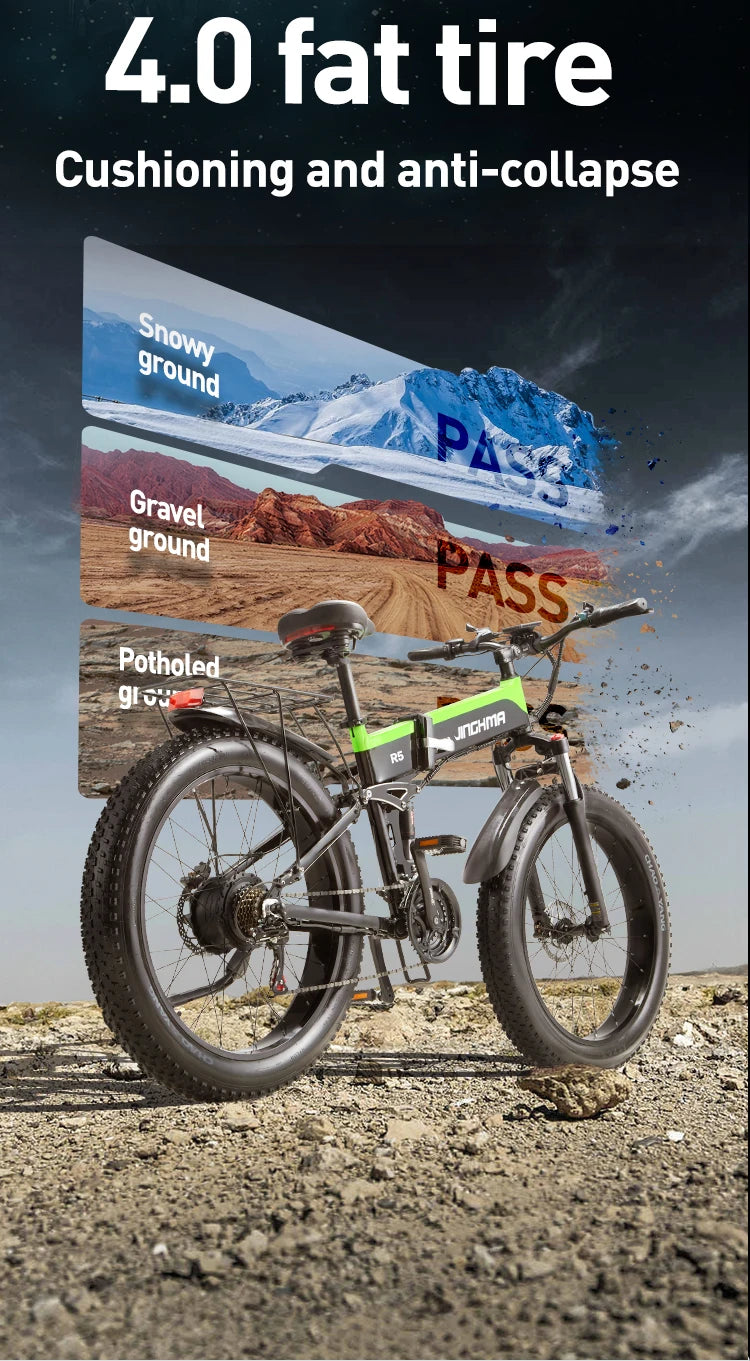 JINGHMA NEW R5 1000W Electric Bicycle 26 Inch Men's Bike 4.0 Fat Tires Ebike 48V 14AH Lithium Battery 45KM/H Mountain Motorcycl