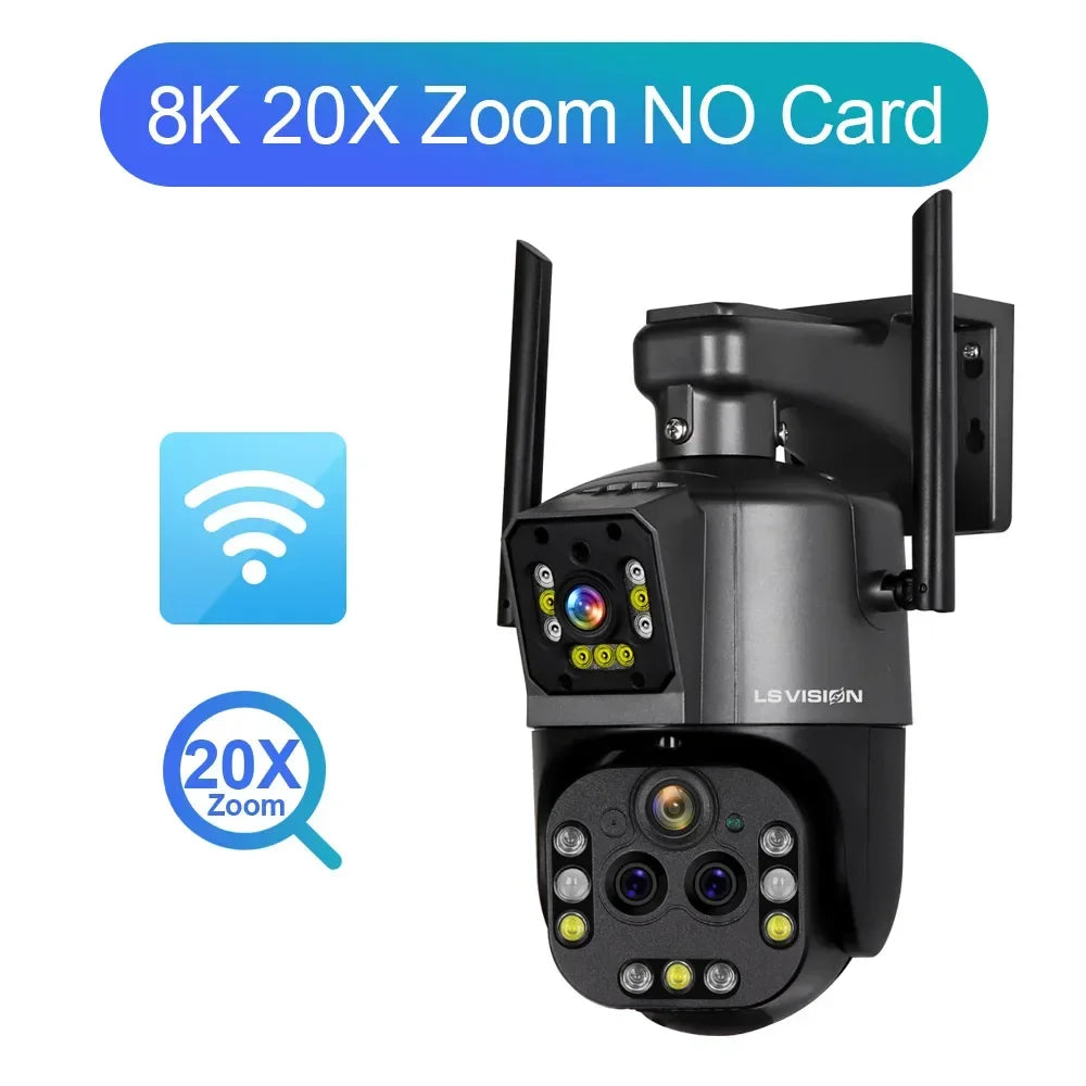 LS VISION Ultra 8K WiFi IP Camera 20X Optical Zoom Outdoor Wireless 4K Four Lens Dual Screens PTZ Cam Auto Tracking CCTV Camera