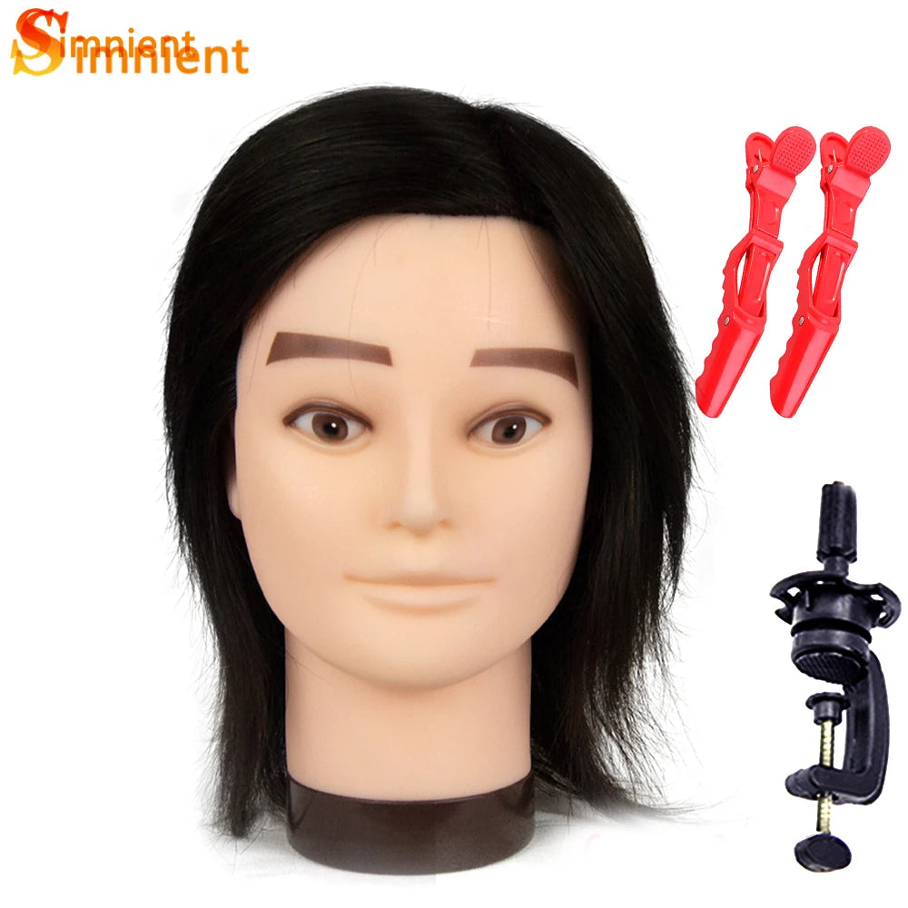 Male Mannequin Head With 100% Real Human Hair Black For Practice Hairdresser Cosmetology Training Doll Head For Hair Styling
