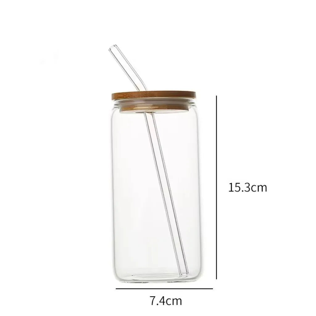 Cola Can with Bamboo Lid, Glass Beverage Juice Cup with Straw