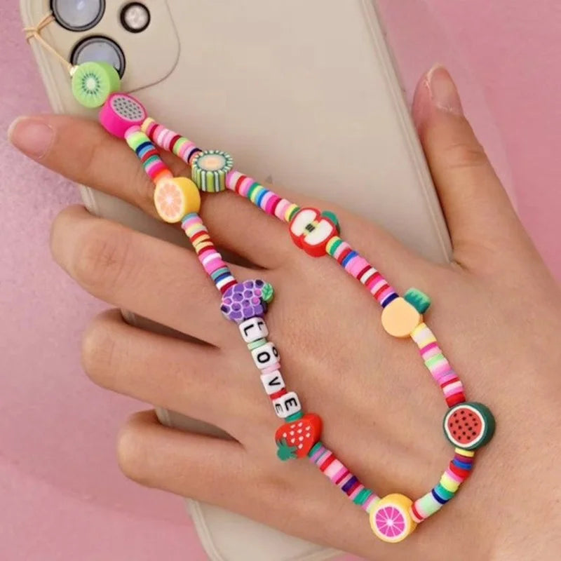 Simple Clay Fruit Charm Phone Chain Jewelry for Women Phone Lanyard Acrylic Resin Evil Eye Star Phone Case Strap DIY Accessories