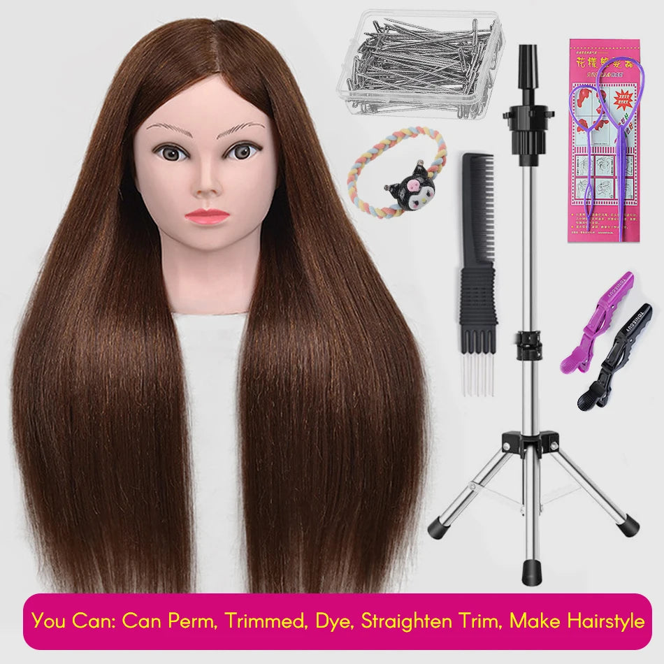New Female Mannequin Training Doll Head With 80% Real Hair For Hairsyles Hairdressing Cosmetology Dolls Head With Stand Tripod