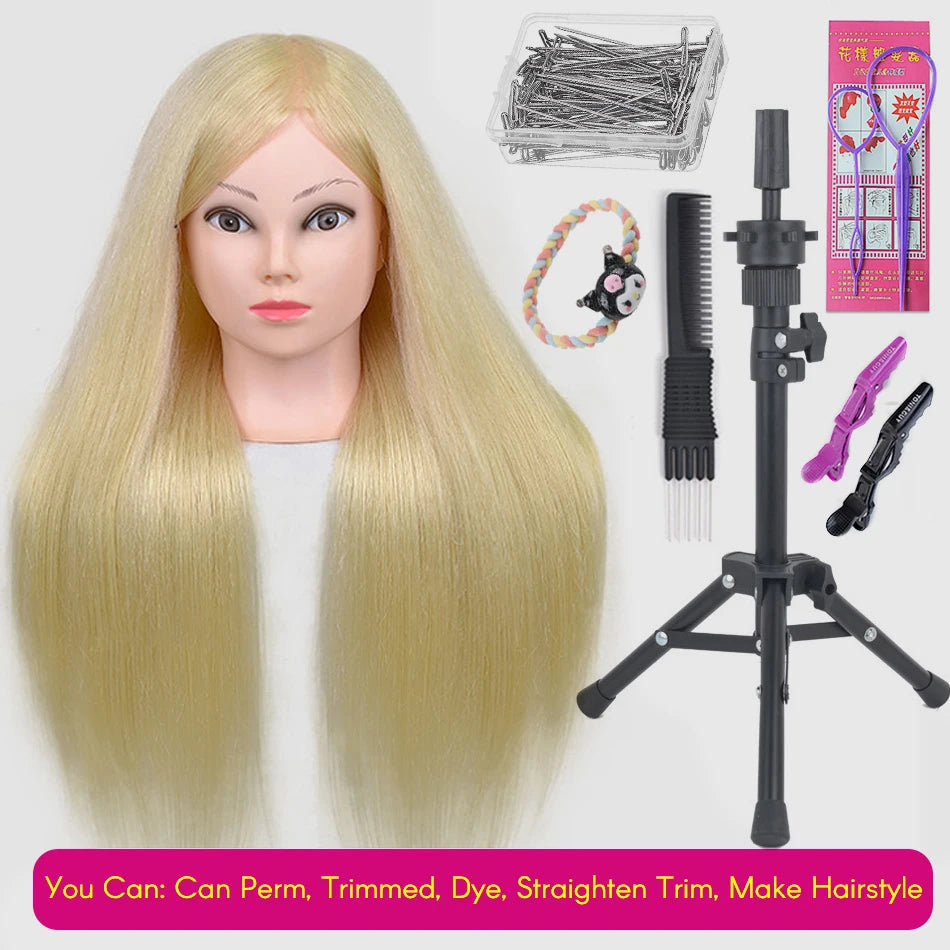 New Female Mannequin Training Doll Head With 80% Real Hair For Hairsyles Hairdressing Cosmetology Dolls Head With Stand Tripod