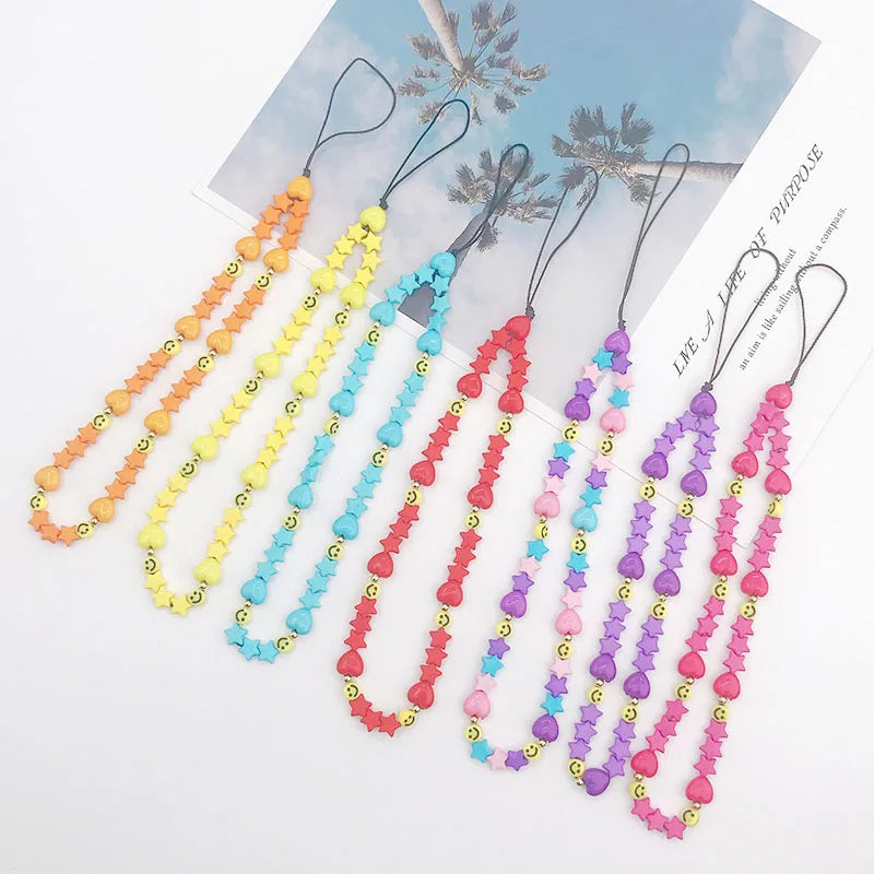 2023 Pink Acrylic Heart Cellphone Chain Lanyard Jewelry for Women Vintage Devil Eye Flower Charm Phone Case Strap Accessories