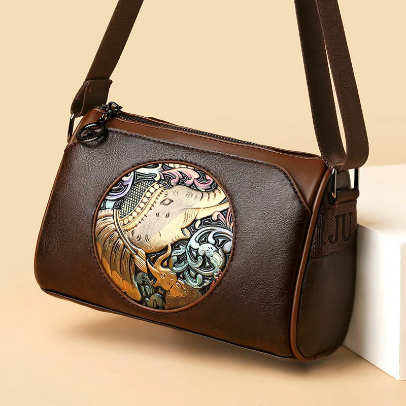 New Fashion Women's Shoulder Bag Brand Elephant Embroidery Women's Crossbody Bag Wallet High Quality Leather Girls' Cushion Bag