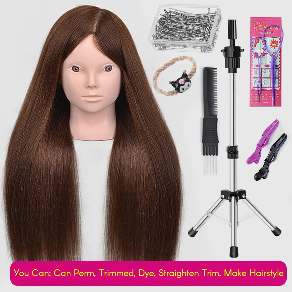 New Female Mannequin Training Doll Head With 80% Real Hair For Hairsyles Hairdressing Cosmetology Dolls Head With Stand Tripod