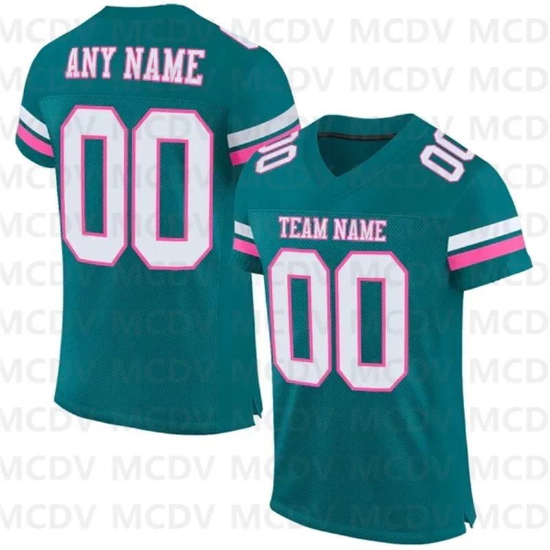 Custom Teal White-Red Mesh Authentic Football Jersey  Short Sleeves Athletic Tee Shirts Unisex Top streetwear