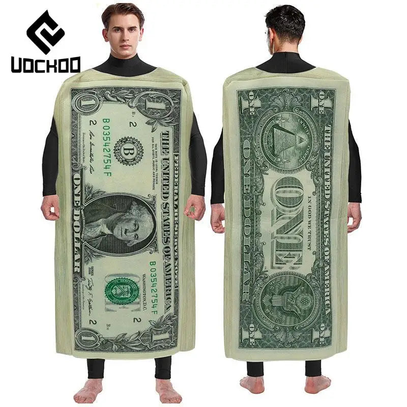 Adult 1 Dollar Bill Costume Carnival Party Jumpsuit Funny Sponge Print Outfit Money Fancy Dress Cosplay Clothes Novelty Gifts