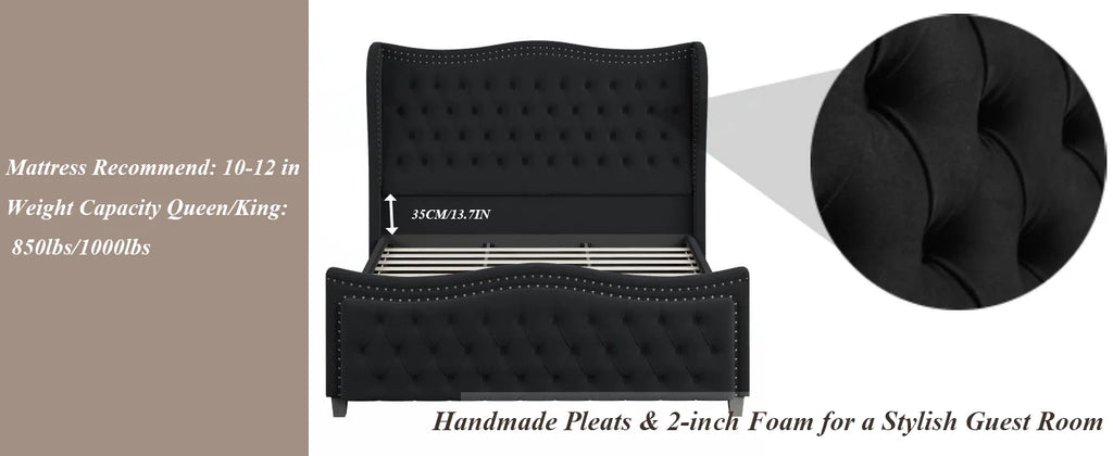 Queen Bed Frame, 55" Headboard Upholstered Bed with Tall Footbaord, Velvet Handmade Pleats Deep Button Tufted Wingback P