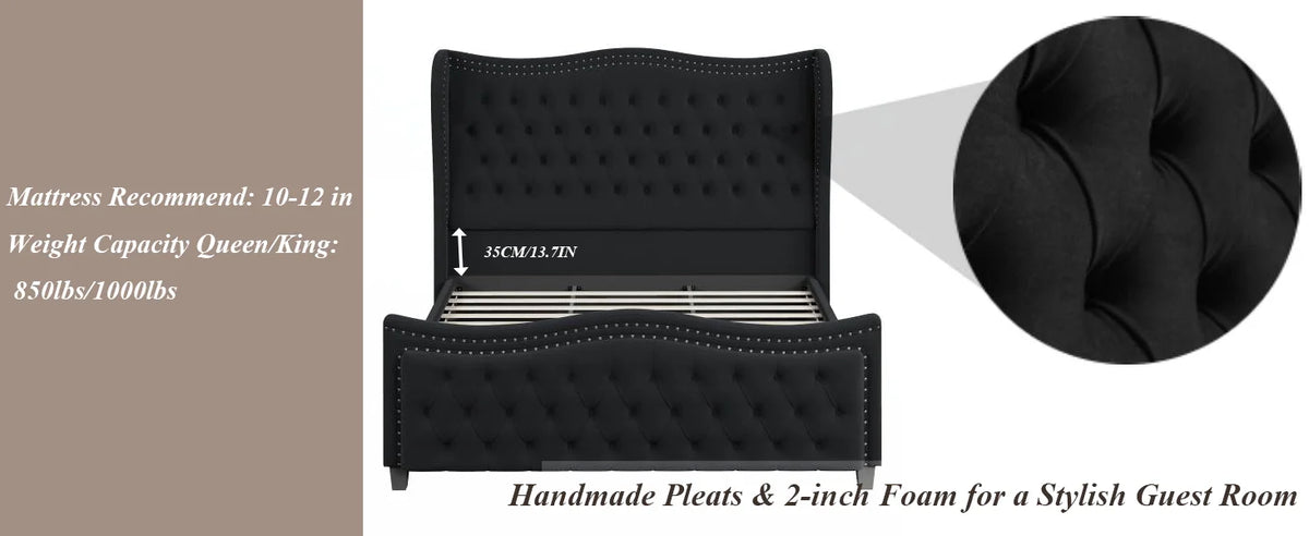 Queen Bed Frame, 55" Headboard Upholstered Bed with Tall Footbaord, Velvet Handmade Pleats Deep Button Tufted Wingback P