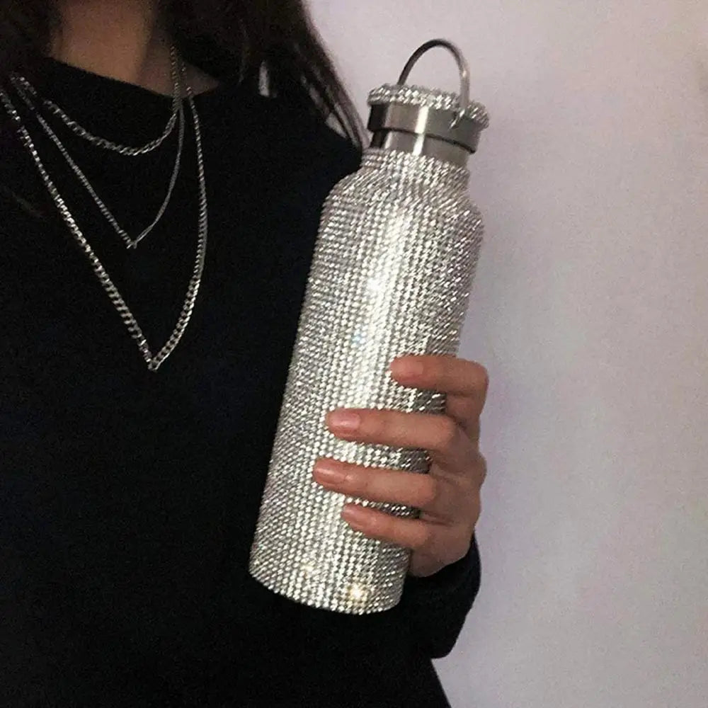 350ml/500ml/750ml Stainless Steel Insulated Vacuum Cup Rhinestone Decor Flask Bottle Drinking Kettle Thermal Mug Outdooor Travel