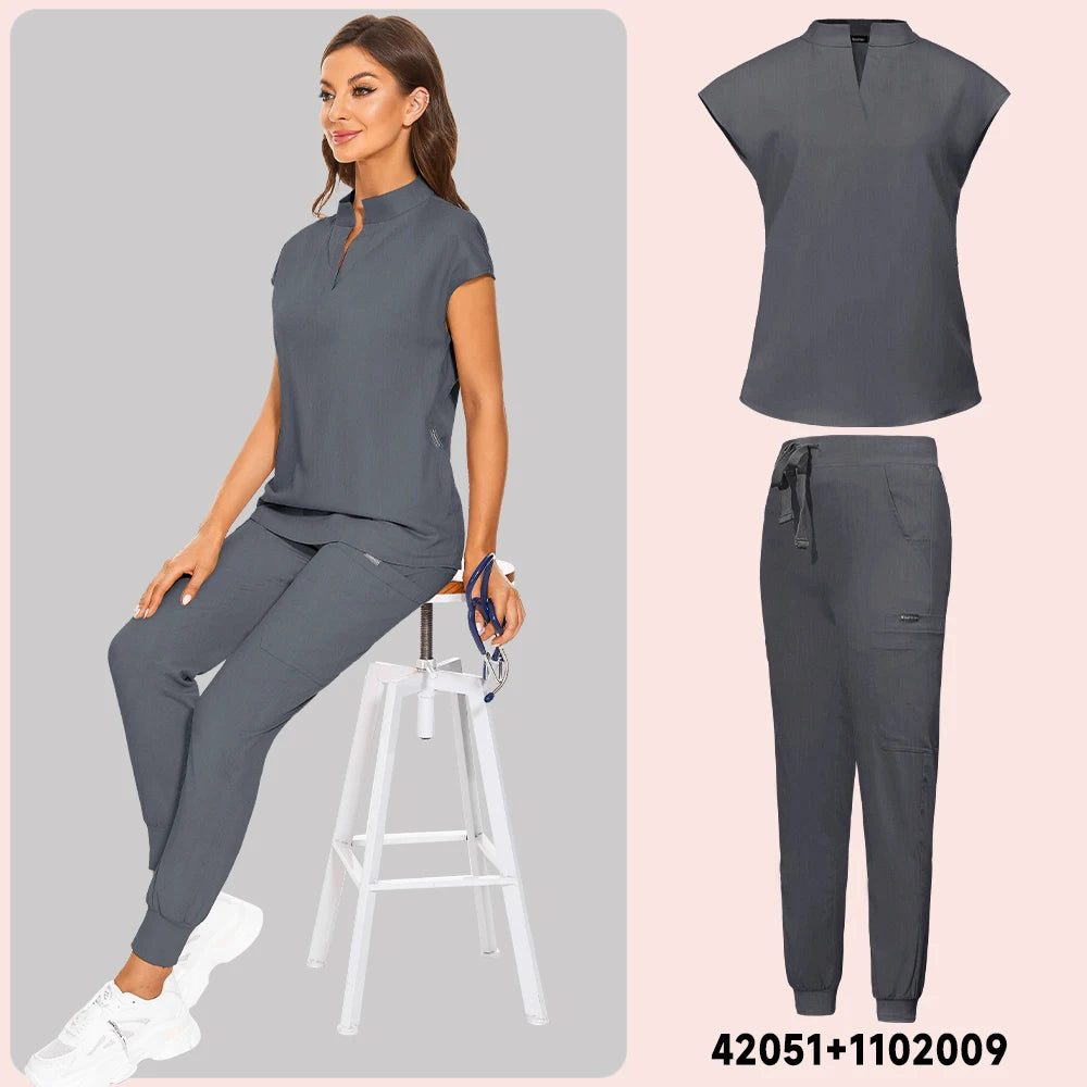 Plus Size Scrubs Set Women Medical Nurse Uniforms Stand Neck V-cut Scrub Top Jogger Pants Vet Doctor Healthcare Workers Workwear