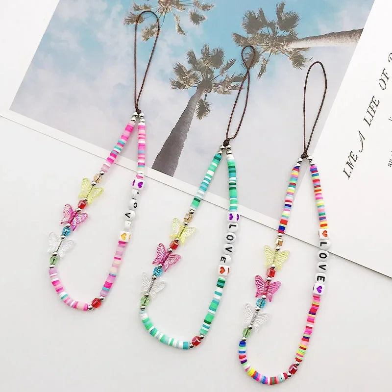 Bohemian Butterfly Soft Pottery Phone Chain Lanyard DIY Letters LOVE Pearl Beaded Phone Case Rope Charm Jewelry Accessories 2023