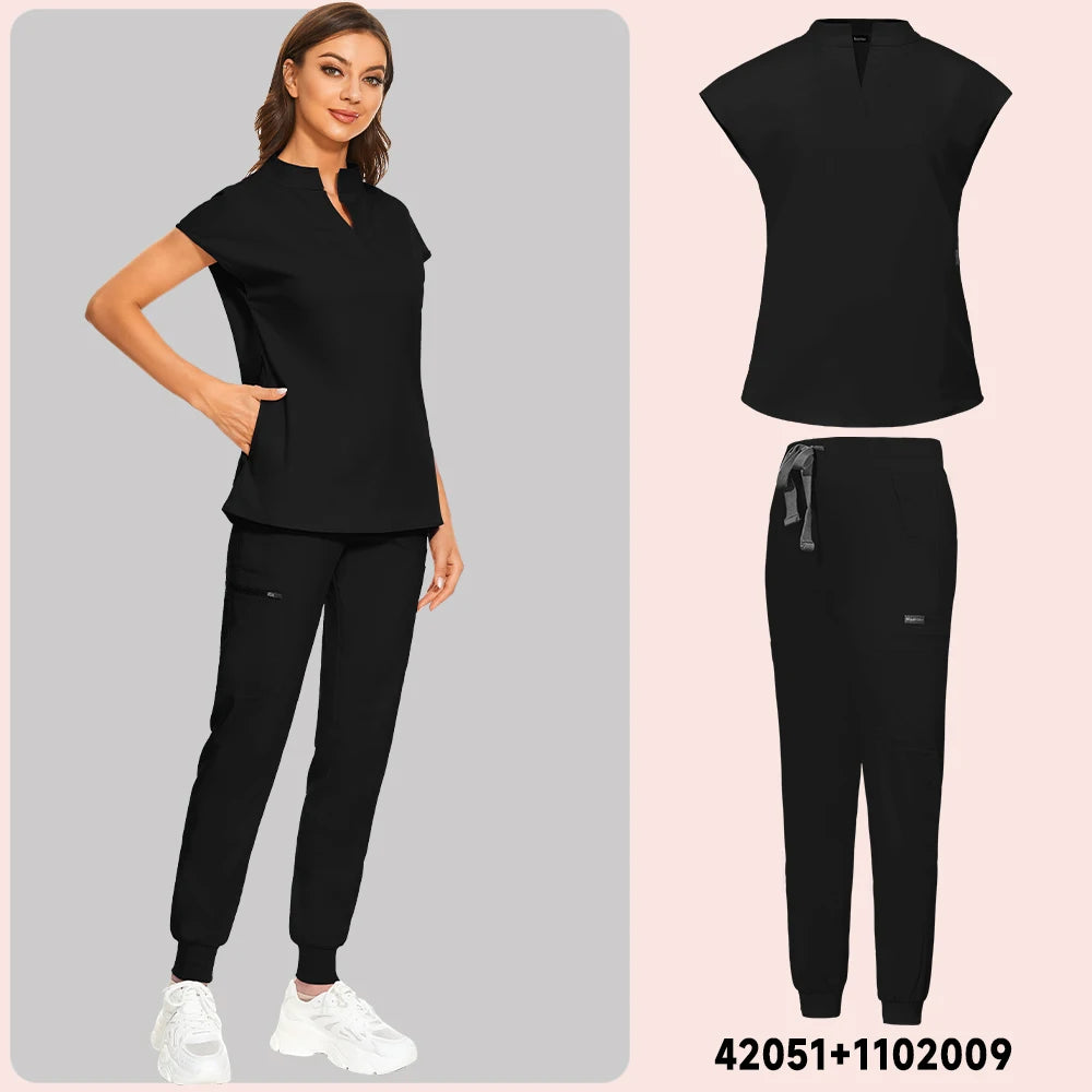 Plus Size Scrubs Set Women Medical Nurse Uniforms Stand Neck V-cut Scrub Top Jogger Pants Vet Doctor Healthcare Workers Workwear