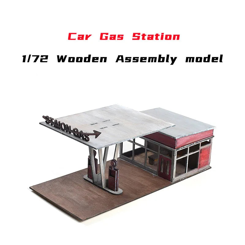 1/72 Miniature Simulation Church/Gas Station Building Model Wooden Architecture Materials Diy Handmade Toy Gift For Child 1Pcs