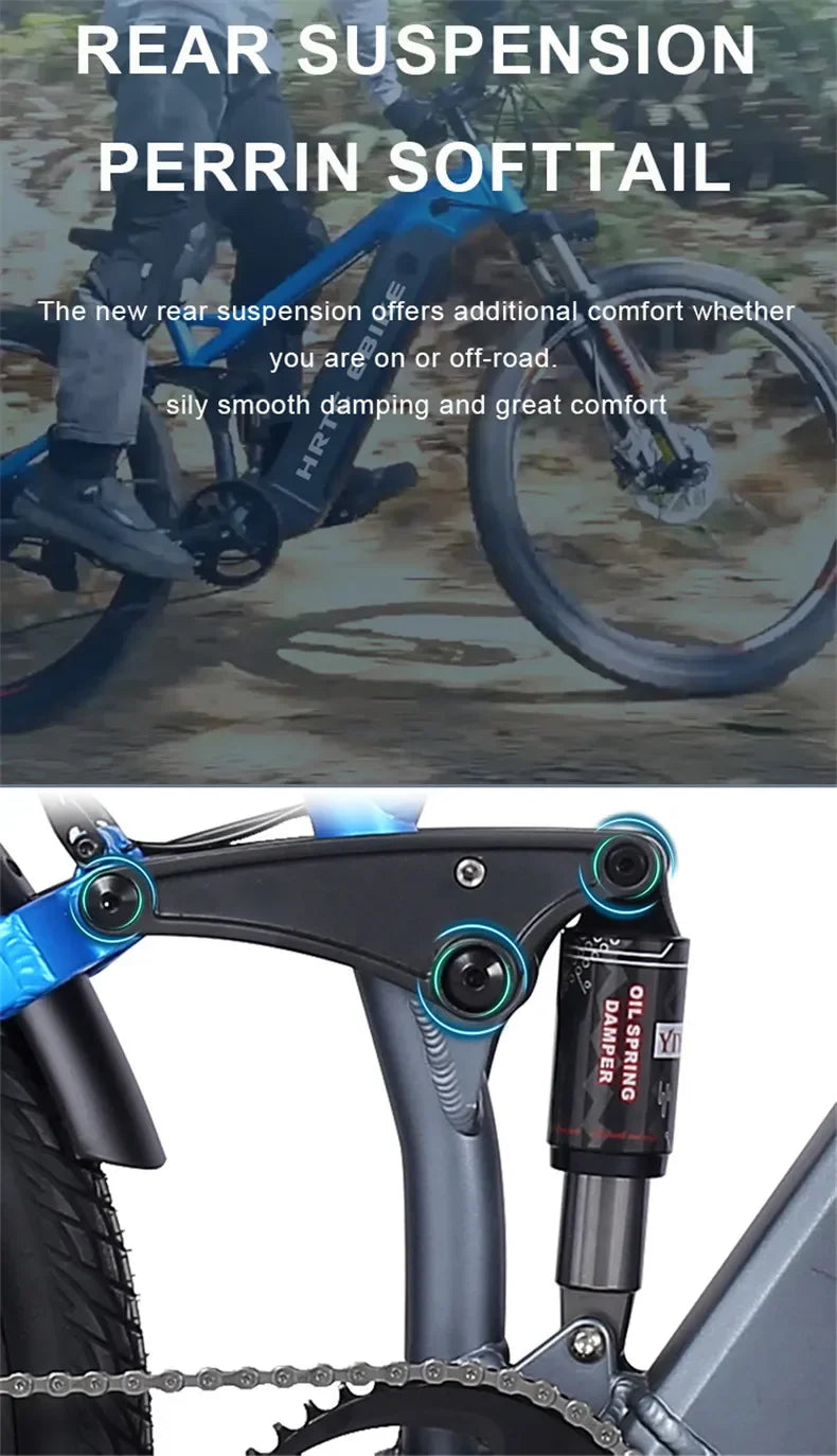 New 26-inch mountain electric bike soft tail bike 1000W48V17AH hydraulic brakes rear-wheel drive hidden lithium battery 50km/h
