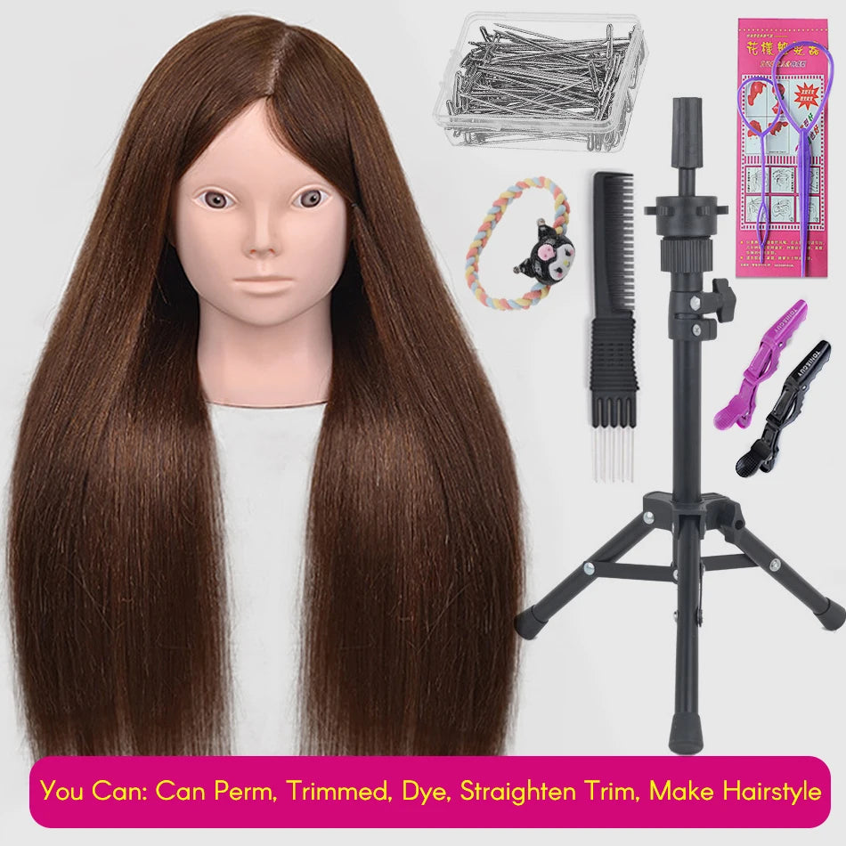 New Female Mannequin Training Doll Head With 80% Real Hair For Hairsyles Hairdressing Cosmetology Dolls Head With Stand Tripod
